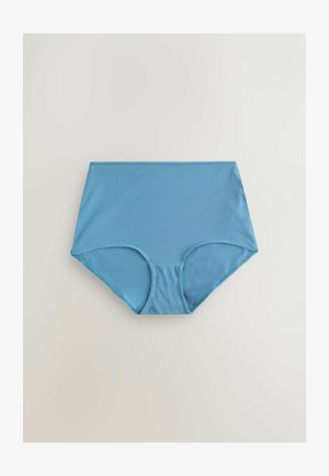 High-waisted blue cotton underwear with a smooth texture, featuring a clean design and stitched edges. No patterns or embellishments.