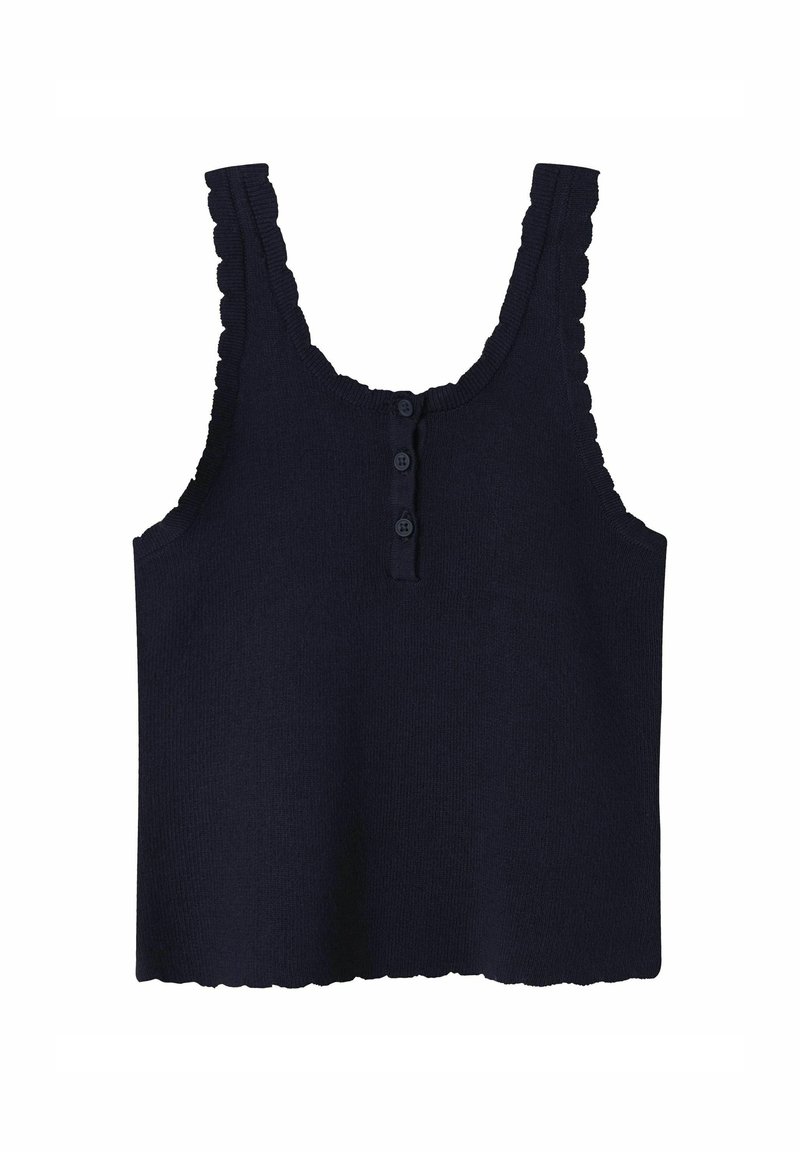 Dark navy knitted tank top with scalloped edges, featuring a round neckline and three buttons down the front.