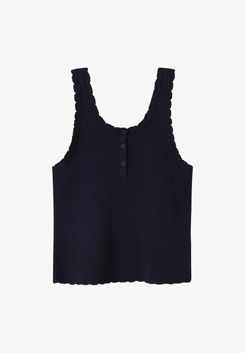 Mörk marinblå stickad linne med vågiga kanter, med rund halsringning och tre knappar fram.