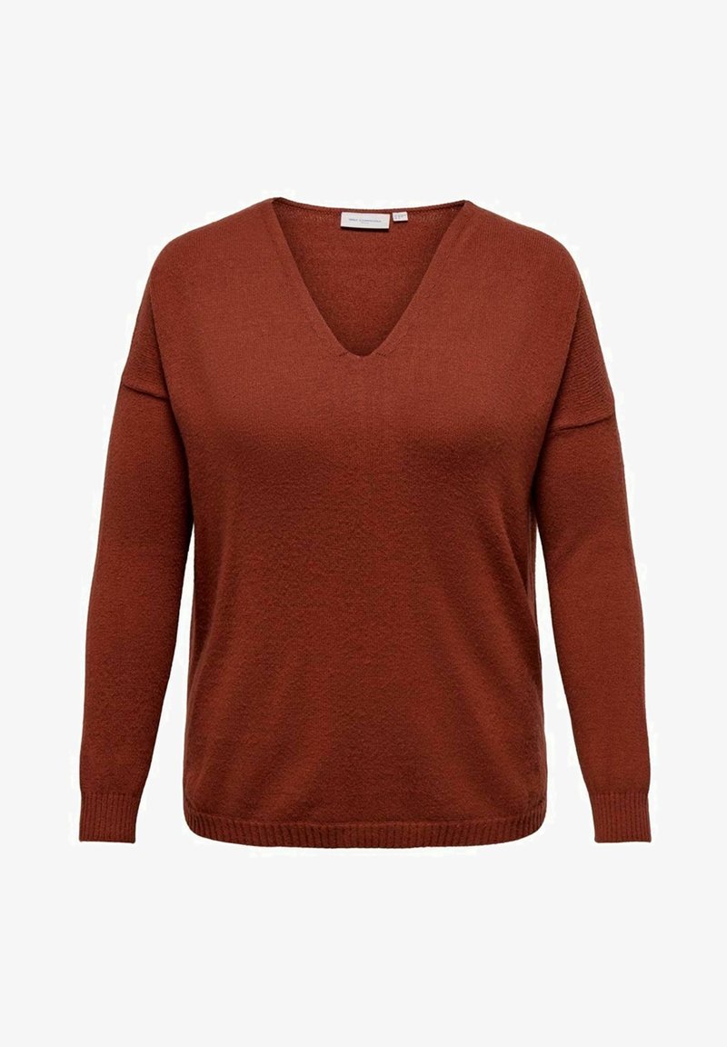 Pull à manches longues couleur rouille avec col en V, poignets et ourlet côtelés, doté d'une coupe ample et d'une texture douce en maille.