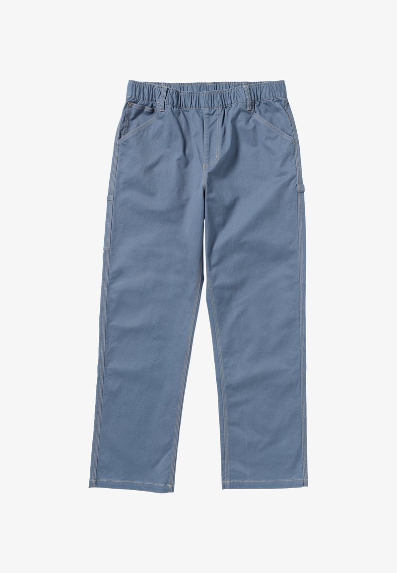 Lichtblauwe katoenen broek met een elastische tailleband, twee zijzakken en contrasterende stiksels. Heeft een ontspannen pasvorm en een rechte pijpdesign.