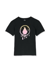 Svart t-shirt i bomull med en cirkulär grafisk design som har en rosa droppande triangel. Den har korta ärmar och en klassisk rundad hals.