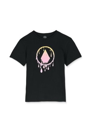 T-shirt en coton noir avec un graphique circulaire présentant un design de triangle rose dégoulinant, à manches courtes et à col rond classique.