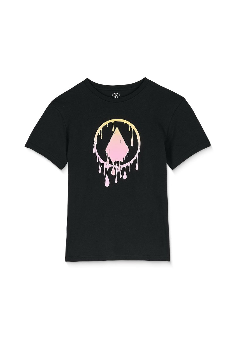 Svart t-shirt i bomull med en cirkulär grafisk design som har en rosa droppande triangel. Den har korta ärmar och en klassisk rundad hals.