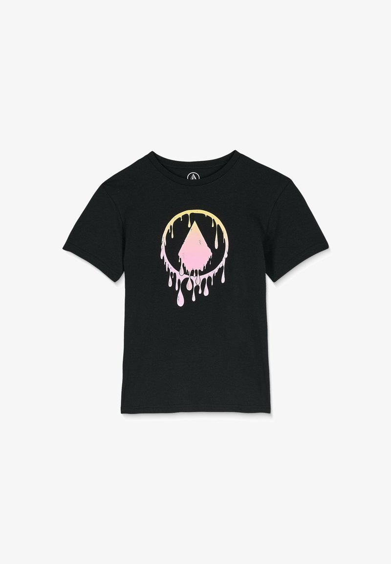 Schwarzes Baumwoll-T-Shirt mit einem kreisförmigen Grafikdesign, das ein pinkes, tropfendes Dreieck zeigt, kurzen Ärmeln und einem klassischen Rundhalsschnitt.