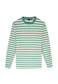 Het langekleurige shirt heeft afwisselend groene en witte strepen, een ronde halslijn en een klein roze boompje logo op de borst. Gemaakt van katoen.