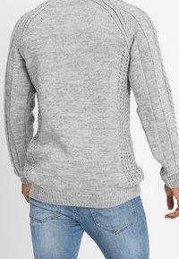 Hellgrauer, gestrickter Pullover mit Zopfmuster an Ärmeln und Seiten, getragen mit hellblauen Jeans, von hinten betrachtet.