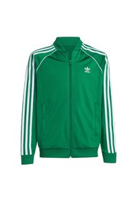 Green zip-up jacket made of smooth fabric, featuring white stripes along the sleeves and a small logo on the chest. Ribbed cuffs and collar.