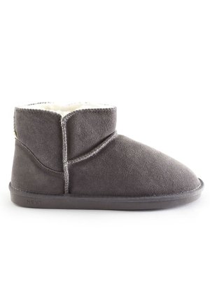Gray suede ankle boot with a soft, white fleece lining, rounded toe, and a flat rubber sole. Features a stitched design on the upper.