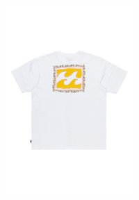 White cotton t-shirt featuring a large yellow wave graphic in a square, outlined by a decorative border with colorful accents.