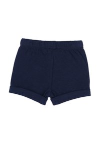 Shorts pour tout-petits en coton bleu marine avec taille élastique et ourlets roulés, posés à plat sur un fond blanc.