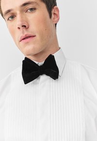 Valkoinen kauluspaita, jossa pystysuorat laskokset, ja musta samettinen rusetti. Rusetilla on sileä pinta ja symmetrinen muoto.