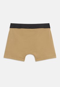 Μπεζ ανδρικά εσώρουχα τύπου μποξέρ με φαρδύ μαύρο λάστιχο στη μέση, επίπεδες ραφές και ανοίγματα μπροστά στα πόδια, σε λευκό φόντο.