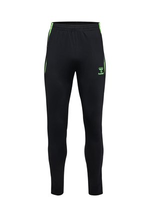 Schwarze Sporthose mit neongrünen Seitenstreifen und Logo am rechten Oberschenkel, ausgestattet mit elastischem Bund und zulaufenden Beinen.