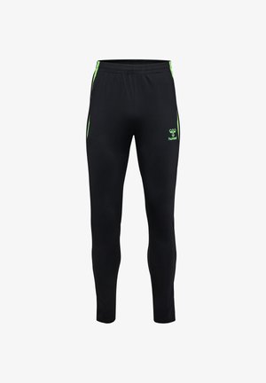 Schwarze Sporthose mit neongrünen Seitenstreifen und Logo am rechten Oberschenkel, ausgestattet mit elastischem Bund und zulaufenden Beinen.