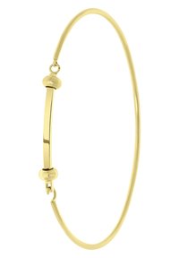 Gouden armband met een gebogen ontwerp en een gepolijste afwerking, versierd met ronde accenten aan elk uiteinde voor extra detail.