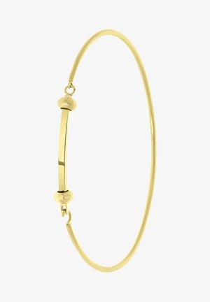 Gouden armband met een gebogen ontwerp en een gepolijste afwerking, versierd met ronde accenten aan elk uiteinde voor extra detail.