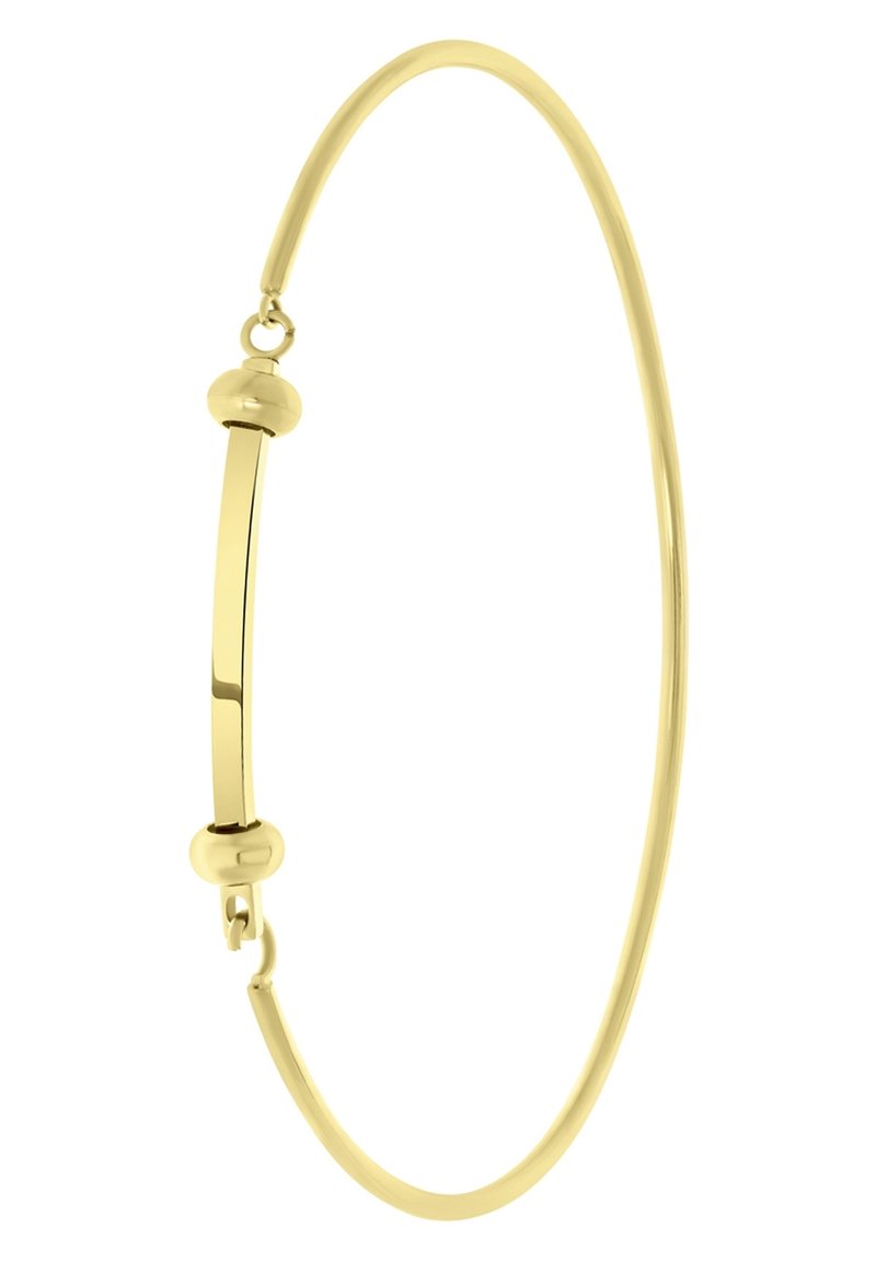 Gouden armband met een gebogen ontwerp en een gepolijste afwerking, versierd met ronde accenten aan elk uiteinde voor extra detail.