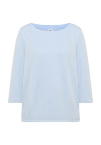 Blouse bleu clair à manches longues avec des rayures verticales subtiles, encolure ronde et ourlet élastiqué, étiquette "Cecil" à l'intérieur du col.