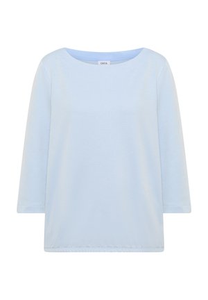 Hellblaue langärmelige Bluse mit dezenten vertikalen Streifen, rundem Ausschnitt und elastischem Saum, mit "Cecil"-Etikett im Krageninneren.