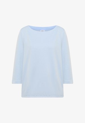 Hellblaue langärmelige Bluse mit dezenten vertikalen Streifen, rundem Ausschnitt und elastischem Saum, mit "Cecil"-Etikett im Krageninneren.