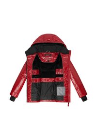 Rote, gepolsterte Jacke mit glänzendem Außenmaterial, schwarzem Innenfutter und mehreren Taschen; verfügt über eine Kapuze und elastische Bündchen.