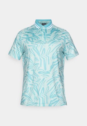 Lichtblauwe polo met een golfpatroon, korte mouwen, een drie-knopen sluiting en een gestreepte kraag. Soepele textuur en een casual ontwerp.