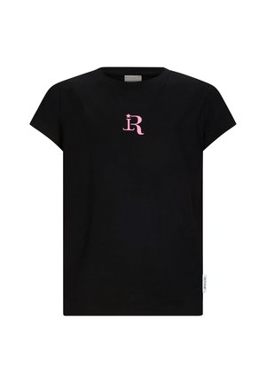 Czarny bawełniany t-shirt z krótkim rękawem, z różowym stylizowanym logo „R” na środku. Na dole znajduje się mała biała metka z logo marki.