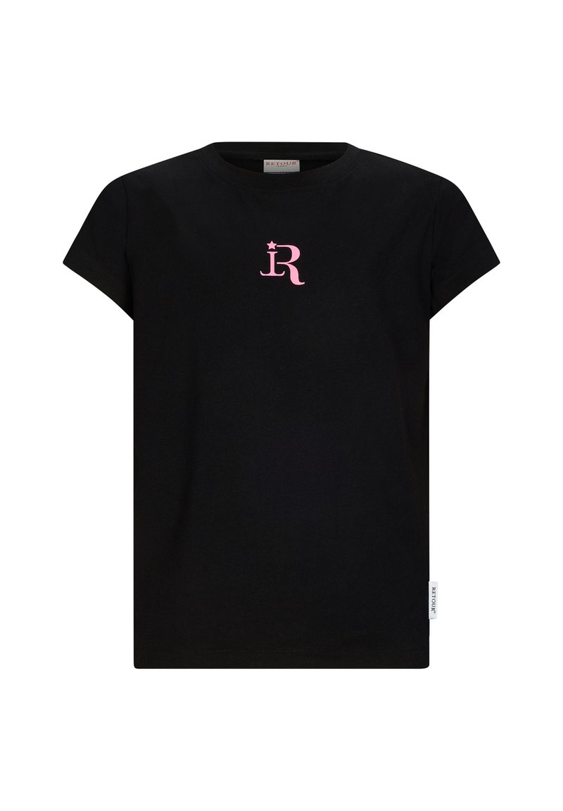 Czarny bawełniany t-shirt z krótkim rękawem, z różowym stylizowanym logo „R” na środku. Na dole znajduje się mała biała metka z logo marki.