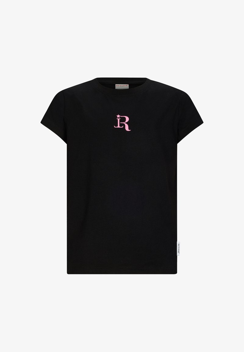 Czarny bawełniany t-shirt z krótkim rękawem, z różowym stylizowanym logo „R” na środku. Na dole znajduje się mała biała metka z logo marki.