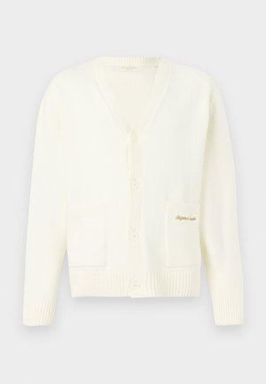 Weißer gestrickter Cardigan mit V-Ausschnitt, Knopfverschluss, zwei Vorderaschen und dezentem goldenen Stickerei auf der linken Tasche.