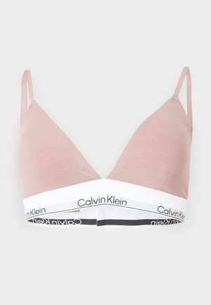 Ανοιχτό ροζ τρίγωνο bralette με λεπτές ράντες και λευκή ελαστική ταινία με επαναλαμβανόμενο λογότυπο Calvin Klein.
