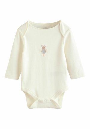 Roomkleurig babyrompertje met lange mouwen, voorzien van drie drukknoopjes aan de onderkant en een kleine ingenaaide muis met een blauw jurkje op de borst.