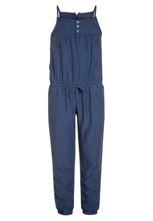 Navy blue jumpsuit with adjustable straps, buttoned front, elastic waist, and tapered legs; made of soft, lightweight material.