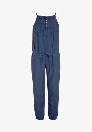 Mørkeblå buksedragt med justerbare stropper, knappet front, elastisk talje og tilspidsede ben; lavet af blødt, let materiale.