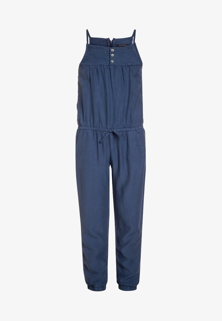 Combinaison bleu marine avec bretelles réglables, devant à boutons, taille élastique et jambes fuselées ; fabriquée en matière douce et légère.