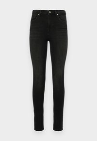 Sorte skinny jeans lavet af denim. Klassisk fem-lomme design med lynlås og knaplukning. Glat tekstur og tætsiddende silhuet.