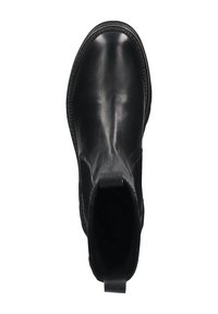 Botín negro de cuero hasta el tobillo con una textura suave, punta redondeada, paneles laterales elásticos y una tira en la parte trasera para facilitar el calzado.