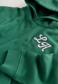 Green hooded sweatshirt made of soft fabric. Features a white embroidered logo on the front and ribbed cuffs. Smooth texture.