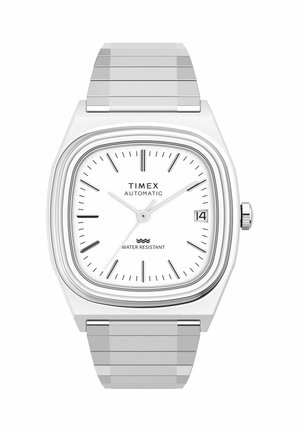 Timex automatic silver watch with a square white dial, black hour markers, date display at 3 o'clock, and a metal link band.