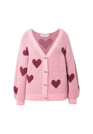 Pink knitted cardigan with dark pink heart patterns, V-neck, long sleeves, and metallic heart-shaped buttons down the front.