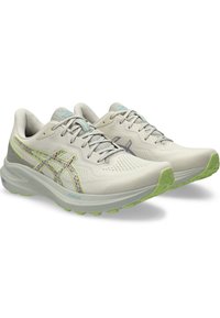 Hellgraue Laufschuhe mit einem atmungsaktiven Mesh-Obermaterial, komplizierten mehrfarbigen Akzenten, gepolsteter Sohle und einer limegrünen Gummisohle.