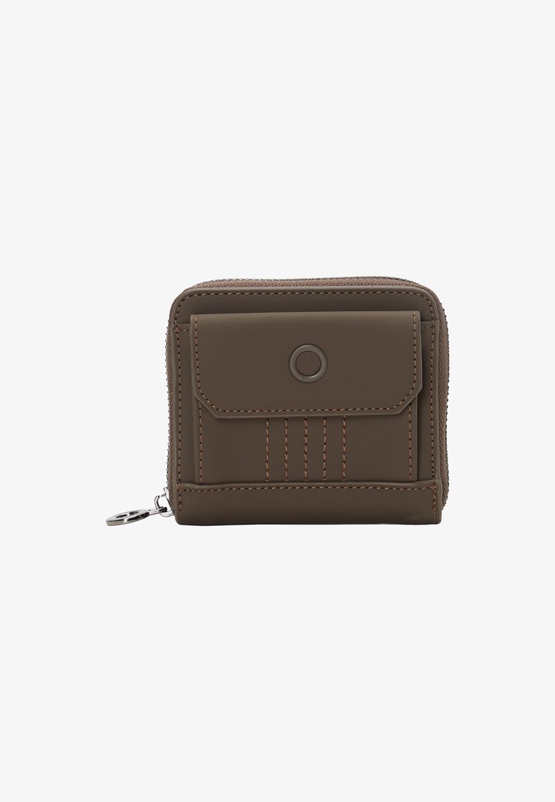 Brown synthetic wallet with a zip closure, front pocket, and vertical stitch detailing. Features a metal zipper pull and circular accent.