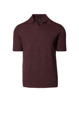 Bordowa koszulka polo z krótkim rękawem o dzianinowej fakturze, z klasycznym kołnierzykiem i prostym wykończeniem; posiada dyskretną logo marki na dekolcie.