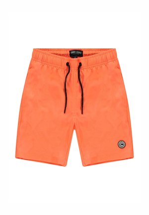 Oranje zwembroek gemaakt van lichtgewicht materiaal, met een elastische tailleband met een koord en een ronde logopatch aan de onderkant.