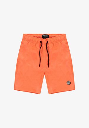 Oranje zwembroek gemaakt van lichtgewicht materiaal, met een elastische tailleband met een koord en een ronde logopatch aan de onderkant.