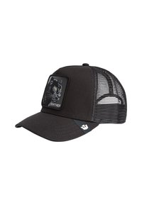 Gorra negra con un panel frontal sólido que presenta un gráfico de pantera, paneles laterales de malla, visera curva y un pequeño logo en el lateral.