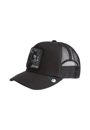 Gorra negra con un panel frontal sólido que presenta un gráfico de pantera, paneles laterales de malla, visera curva y un pequeño logo en el lateral.