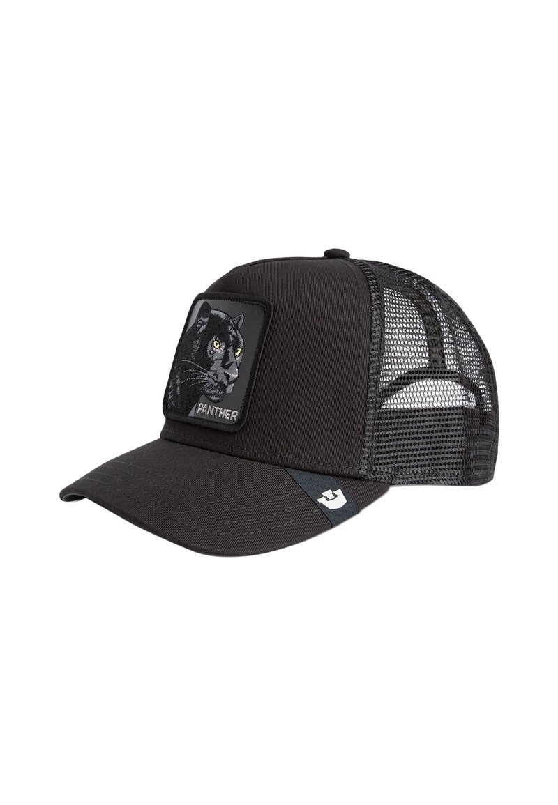 Gorra negra con un panel frontal sólido que presenta un gráfico de pantera, paneles laterales de malla, visera curva y un pequeño logo en el lateral.