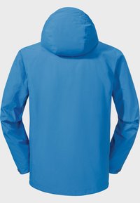 Blauwe waterdichte jas met capuchon, lange mouwen en een gladde textuur. Heeft een rechte zoom en elastische manchetten voor een goede pasvorm.